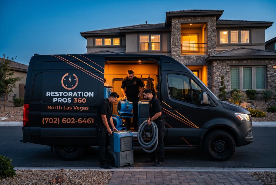 Three technicians in black polos unloading blue air movers, a dehumidifier and a coil of hose from the open side door of the van at dusk