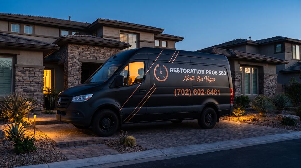Matte black Sprinter van with copper pinstripes and the name Restoration Pros 360 North Las Vegas and phone number (702) 602-6461, parked in the paver driveway of a two story stone and stucco home at dusk